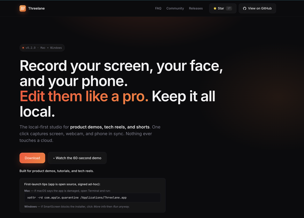Threelane app screenshot - local-first multi-cam screen recorder